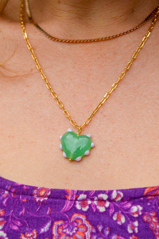 Sandralexandra Milagros Jade & Pink Dot Heart & Link Chain Necklace - The Mercantile London