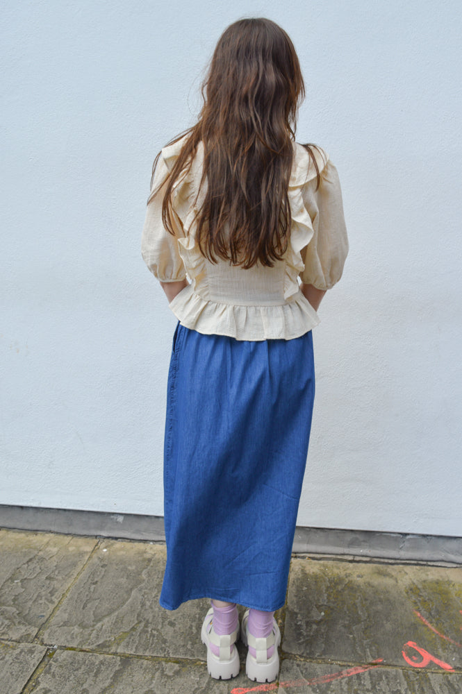 ICHI Krista Washed Blue Denim Skirt - The Mercantile London