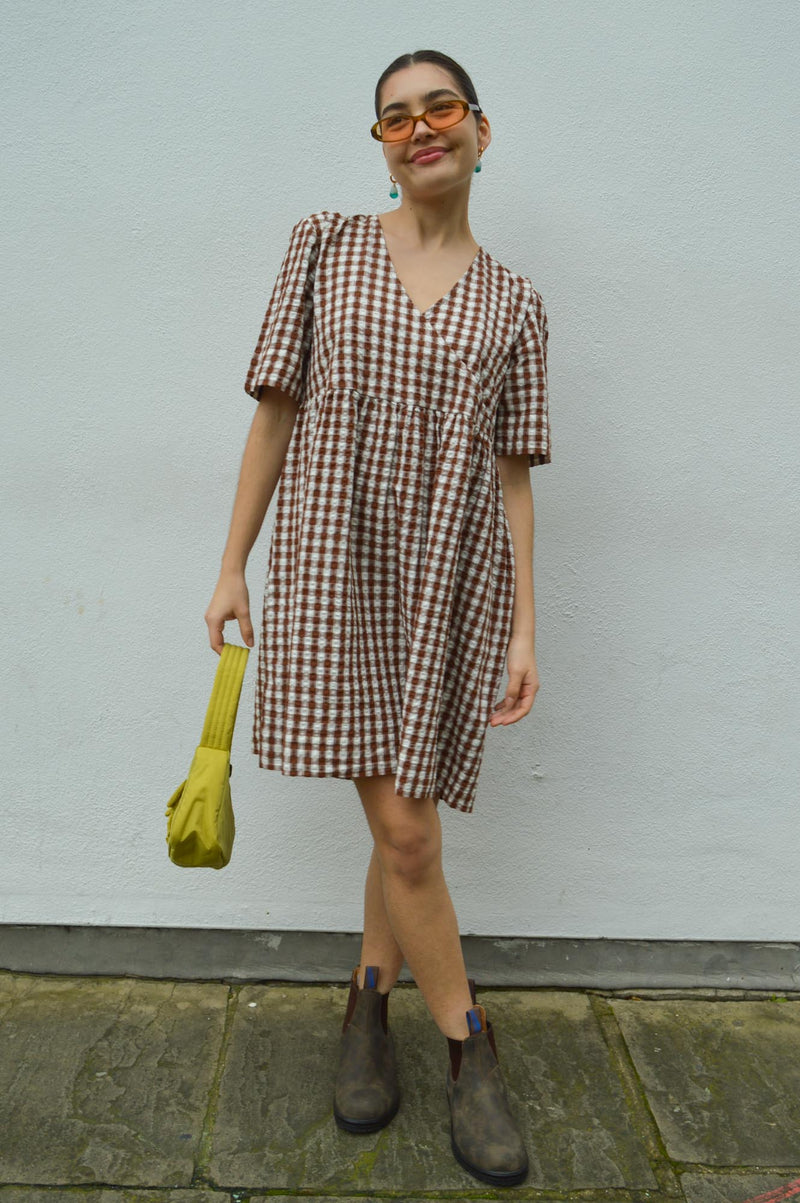 Knowledge Cotton Crossover Brown Check Dress - The Mercantile London