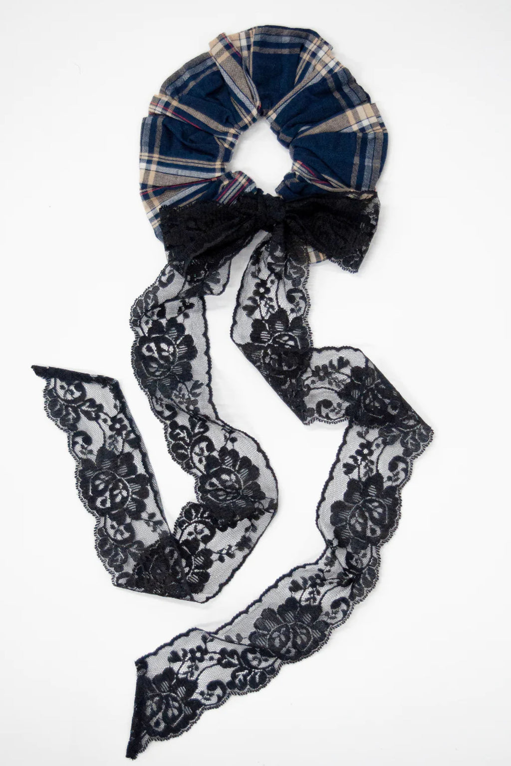 Damson Madder Check Scrunchie with Lace Bow - The Mercantile London