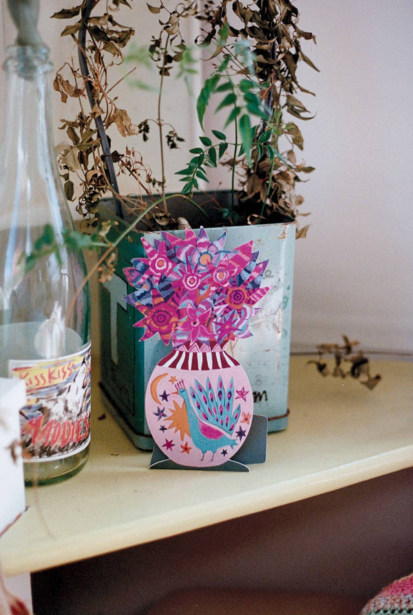 'Magical Pop Up Peacock Vase' Greetings Card: Biodegradable Cello Wrap - The Mercantile London