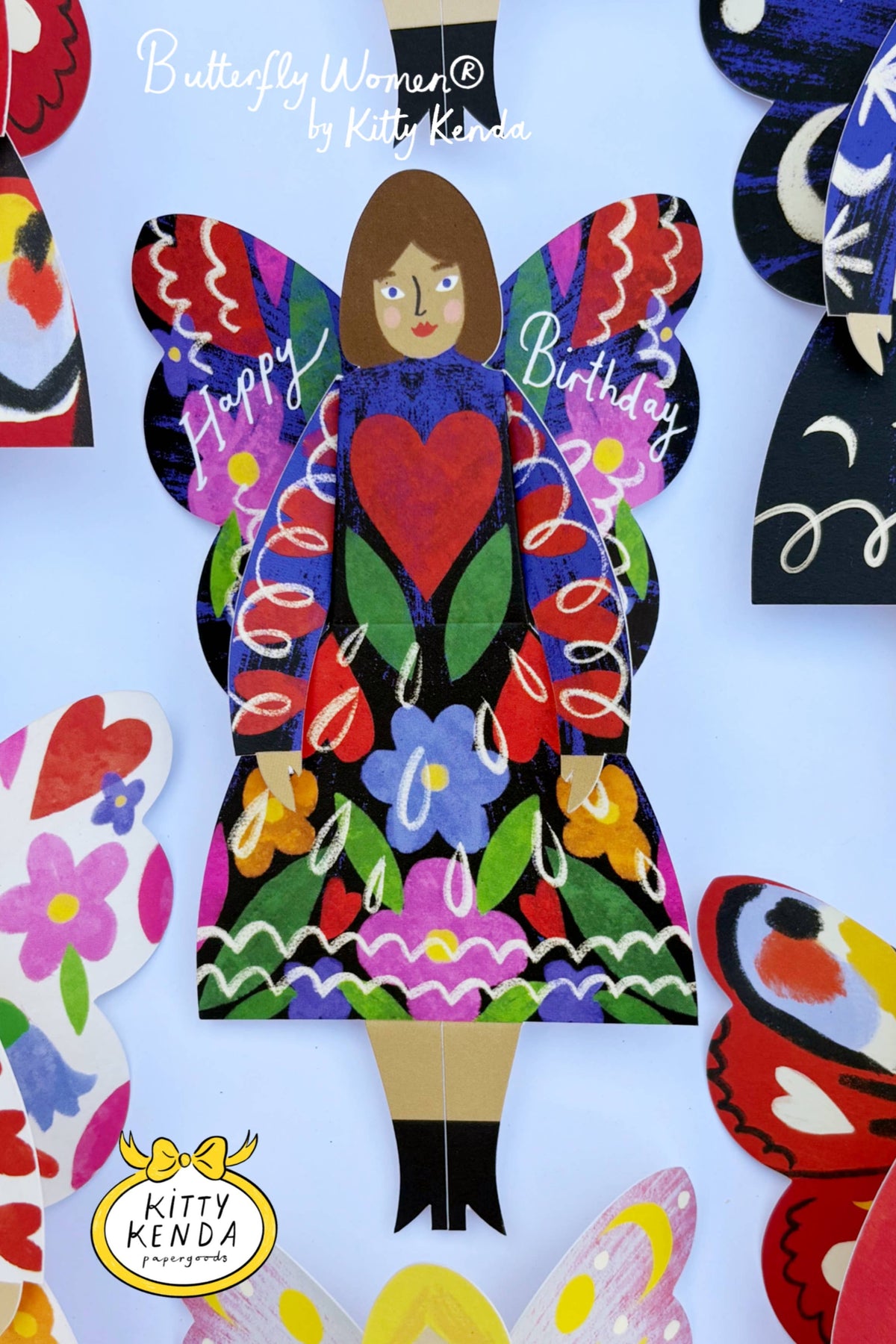 SS25 Kitty Kendra Butterfly Woman Midnight Floral Greeting Card - The Mercantile London