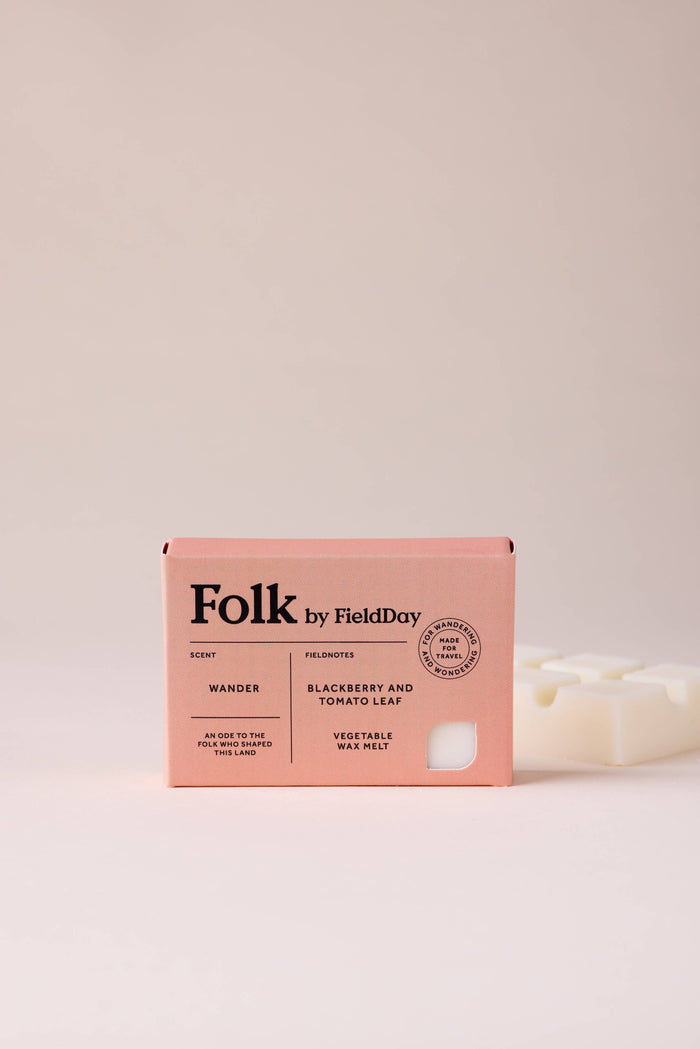 Pink soap packaging with 'Folk by Field Day' branding on a light pink background