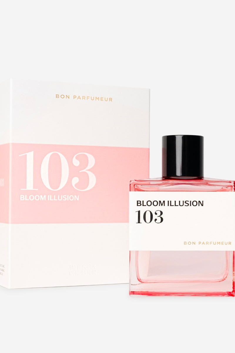 Perfume bottle and packaging of 'Bloom Illusion 103' by Bon Parfumer on a white background