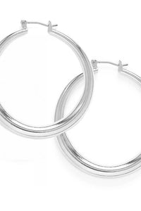 Pair of silver hoop earrings on a white background