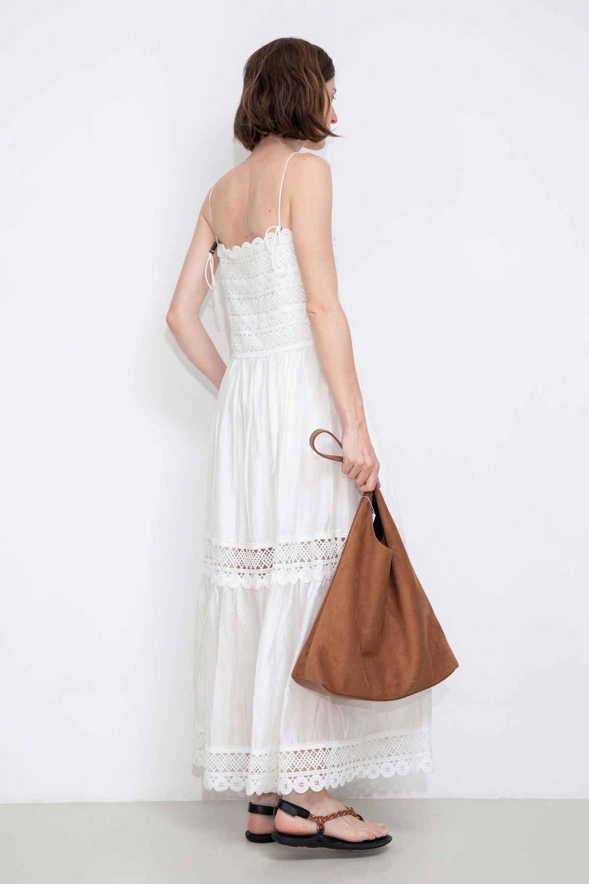 Crochet Lace Panelled Maxi Cami Dress: White / S - The Mercantile London