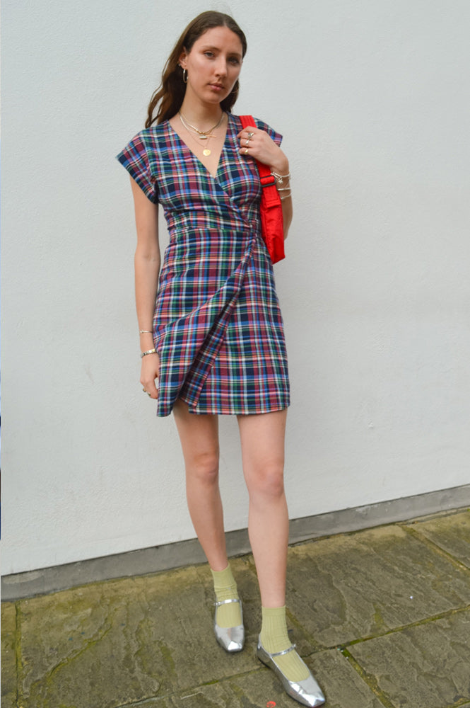 Nice Things Checked Navy Wrap Dress - The Mercantile London