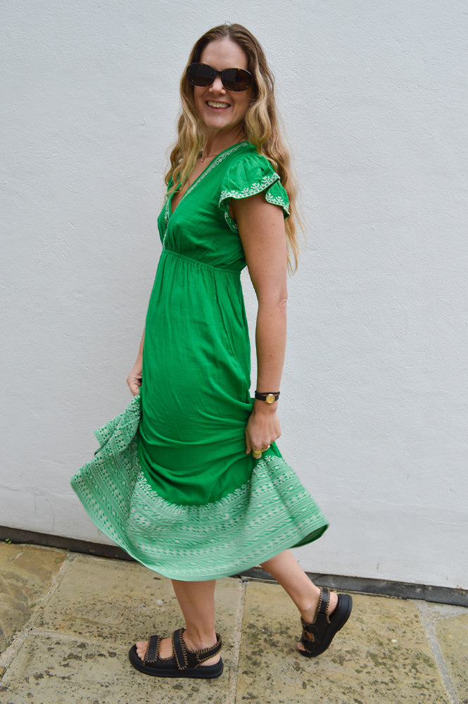 M.A.B.E Cella Embroidered Green Dress - The Mercantile London