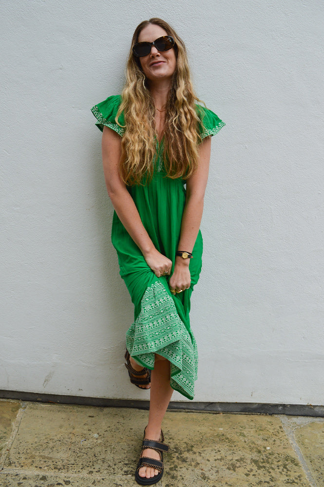 M.A.B.E Cella Embroidered Green Dress - The Mercantile London