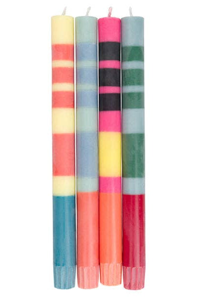 British Colour Standard Reds, Oranges & Blues Striped Dinner Candles