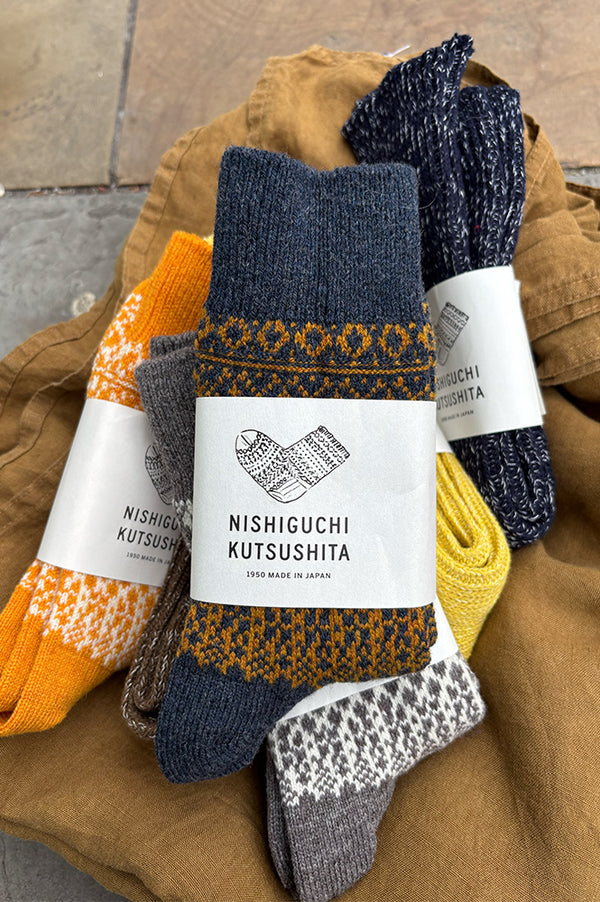 Nishiguchi Kutsushita Wool Jacquard Navy Socks - The Mercantile London