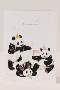 Greeting card with illustrations of pandas celebrating, featuring the word 'Pandamonium'.