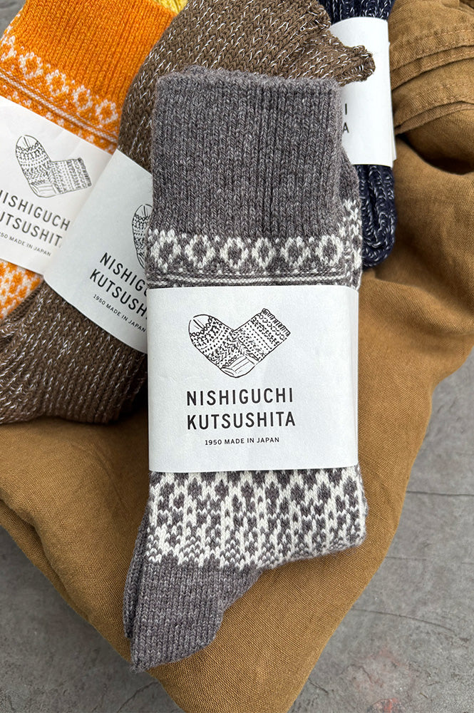 Nishiguchi Kutsushita Wool Jacquard Grey Socks - The Mercantile London