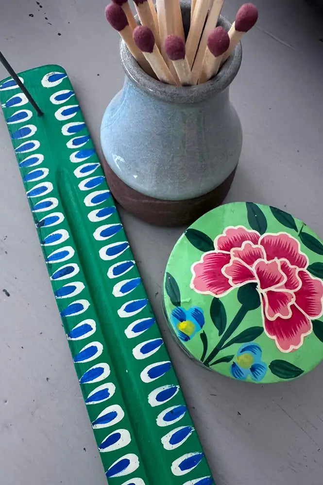 Namaste Hand Painted Indian Truck Art Green Incense Holder