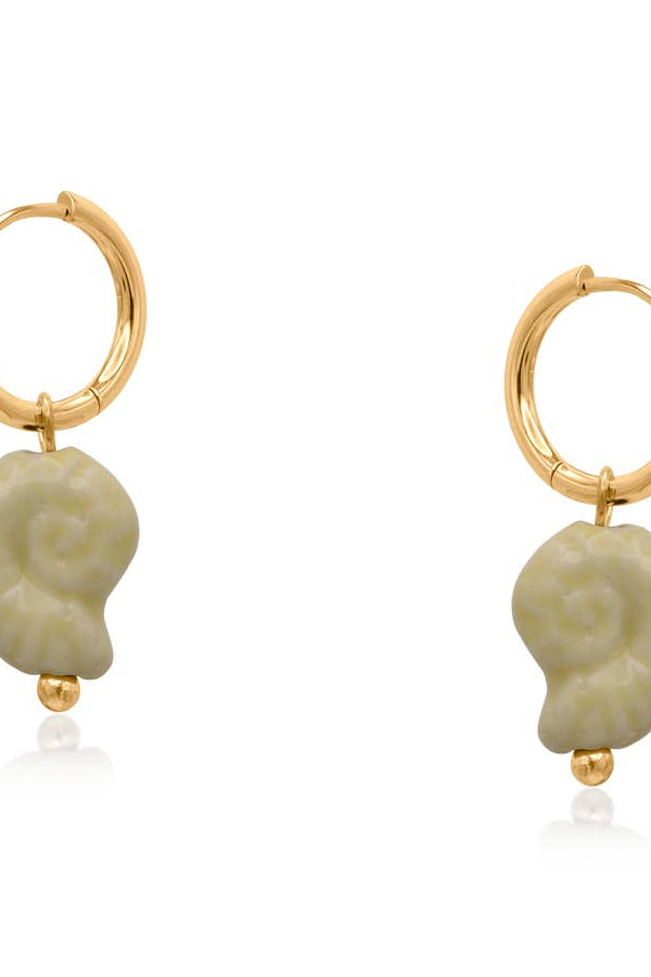 Gold hoop earrings with shell-shaped charms on a white background