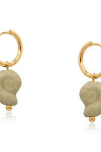 Gold hoop earrings with shell-shaped charms on a white background