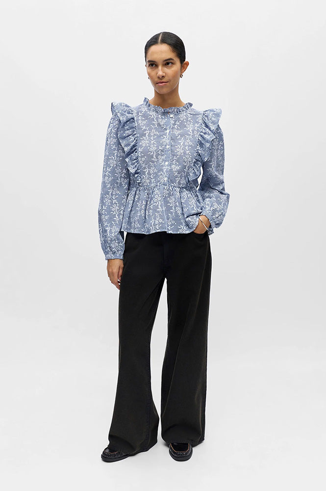 Object Ciara Check Denim and White Frill Blouse
