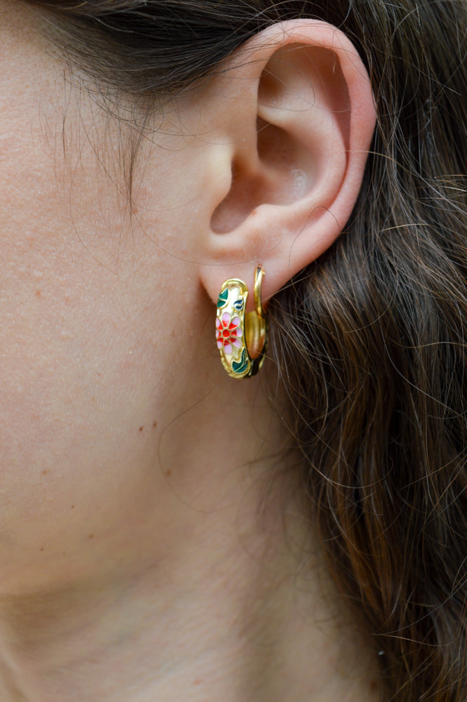 Pink Floral Enamel Hoop Earrings - The Mercantile London