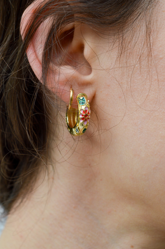 Pink Floral Enamel Hoop Earrings - The Mercantile London