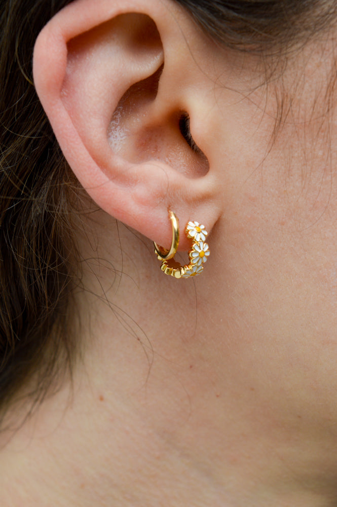 White Enamel Daisy Huggie Hoop in Gold - The Mercantile London
