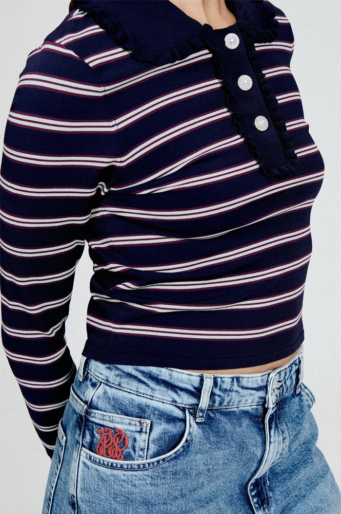 Baum Und Pferdgarten Catarin Navy And Plum Stripe Polo Top - The Mercantile London