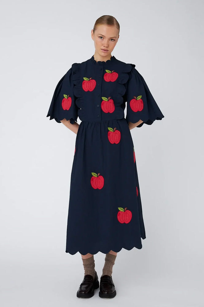 Stella Nova Apple Embroidered Navy Midi Dress - The Mercantile London