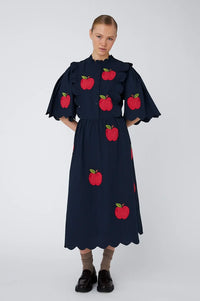Stella Nova Apple Embroidered Navy Midi Dress - The Mercantile London