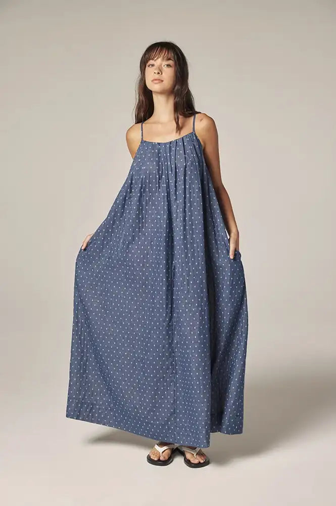 Amente Denim Polka Dot Tie Back Dress