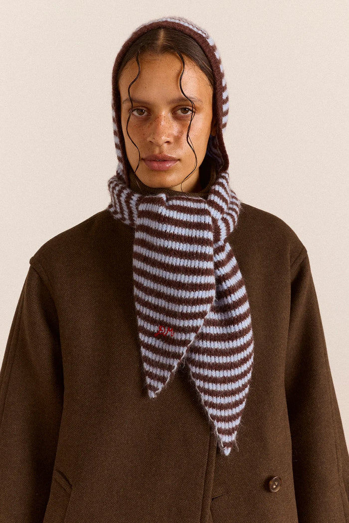 Damson Madder Blue & Choc Stripe Tie Front Hood