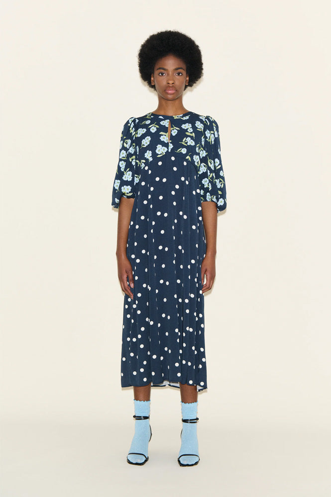 Samdi Dahlia Navy Polka & Powder Blue Floral Dress - The Mercantile London