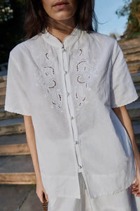 Yerse White Embroidered Mandarin Collar Shirt - The Mercantile London