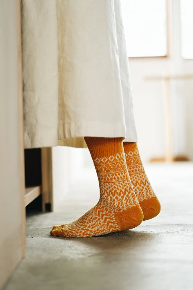 Nishiguchi Kutsushita Wool Jacquard Orange Socks - The Mercantile London