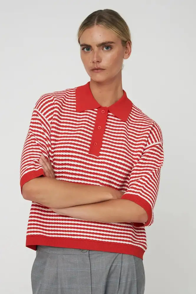 Stella Nova Red & Creme Knitted Polo Top - The Mercantile London