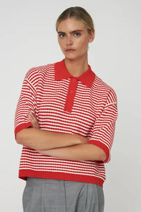 Stella Nova Red & Creme Knitted Polo Top - The Mercantile London