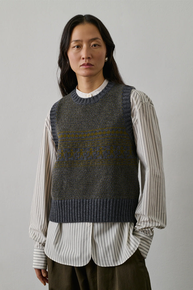 Soeur Namaste Grey & Olive Jacquard Sleeveless Jumper - The Mercantile London