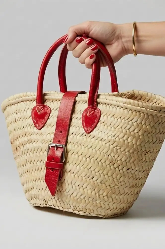 French Red Leather Detailed Small Market Basket Bag