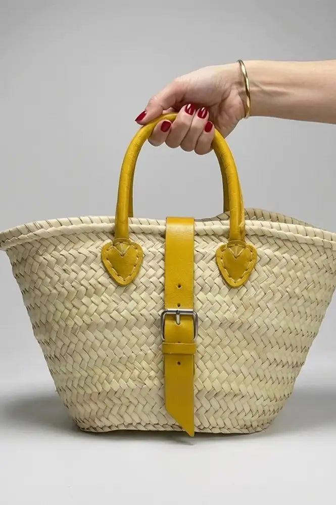 French Yellow Leather Detailed Small Market Basket Bag