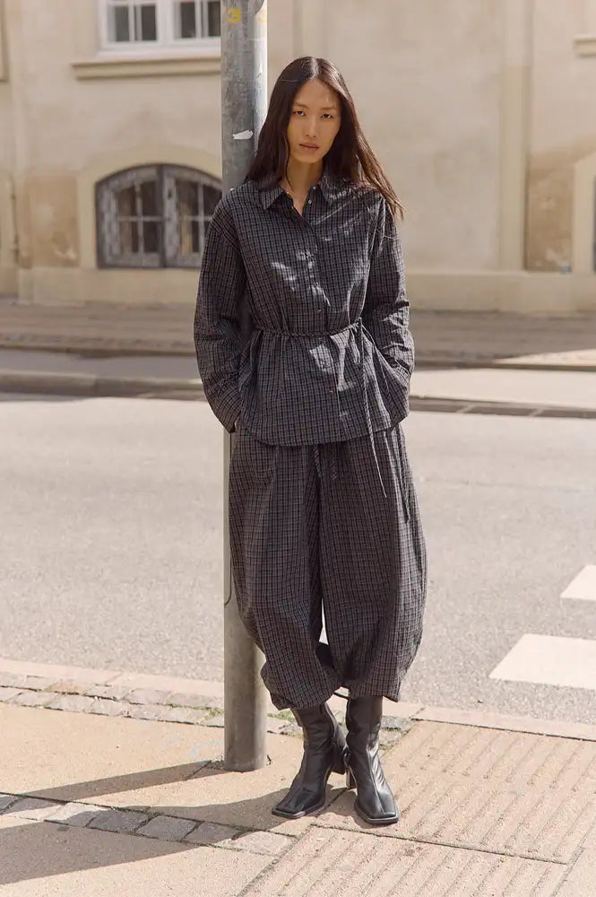 Object Delva Gunmetal Black Check Harem Trousers - The Mercantile London