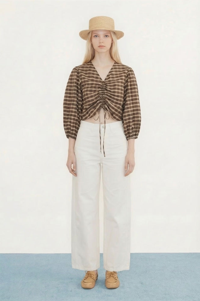 The Tiny Big Sister Brown Checks V-Neck Blouse