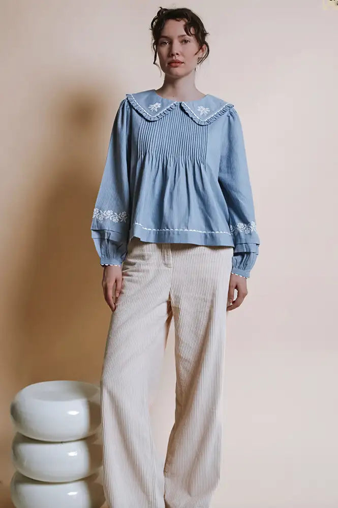 Emile Et Ida Elena Lac Blue Embroidered Blouse