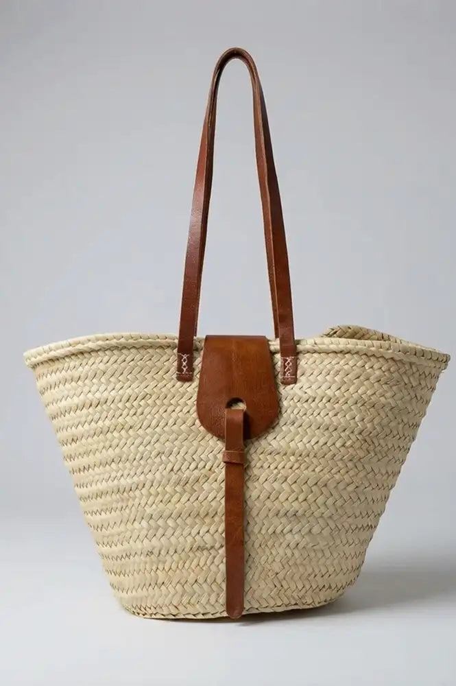 French Tan Leather Detailed Market Basket Bag