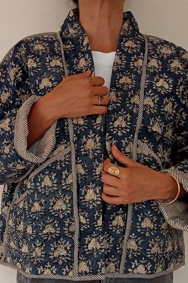 Cotton Conscious Navy Block Print Reversible Kimono Jacket