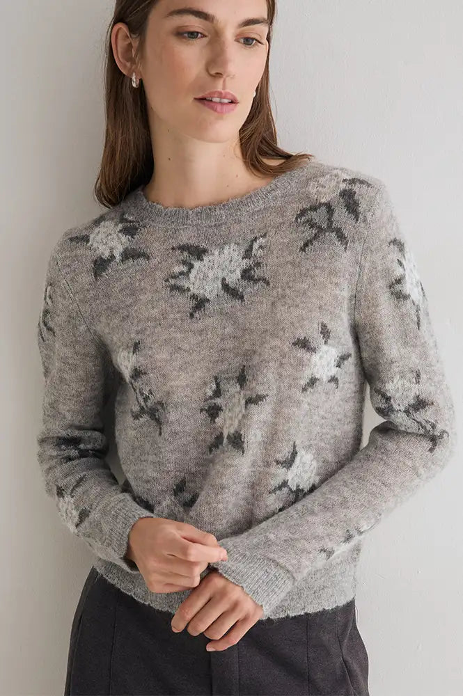 Yerse Grey Knitted Floral Jacquard Jumper