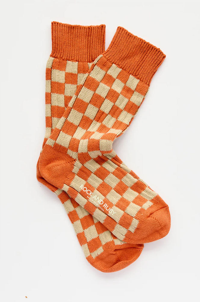 Rock + Ruby Edith Terracotta Checked Cotton Socks