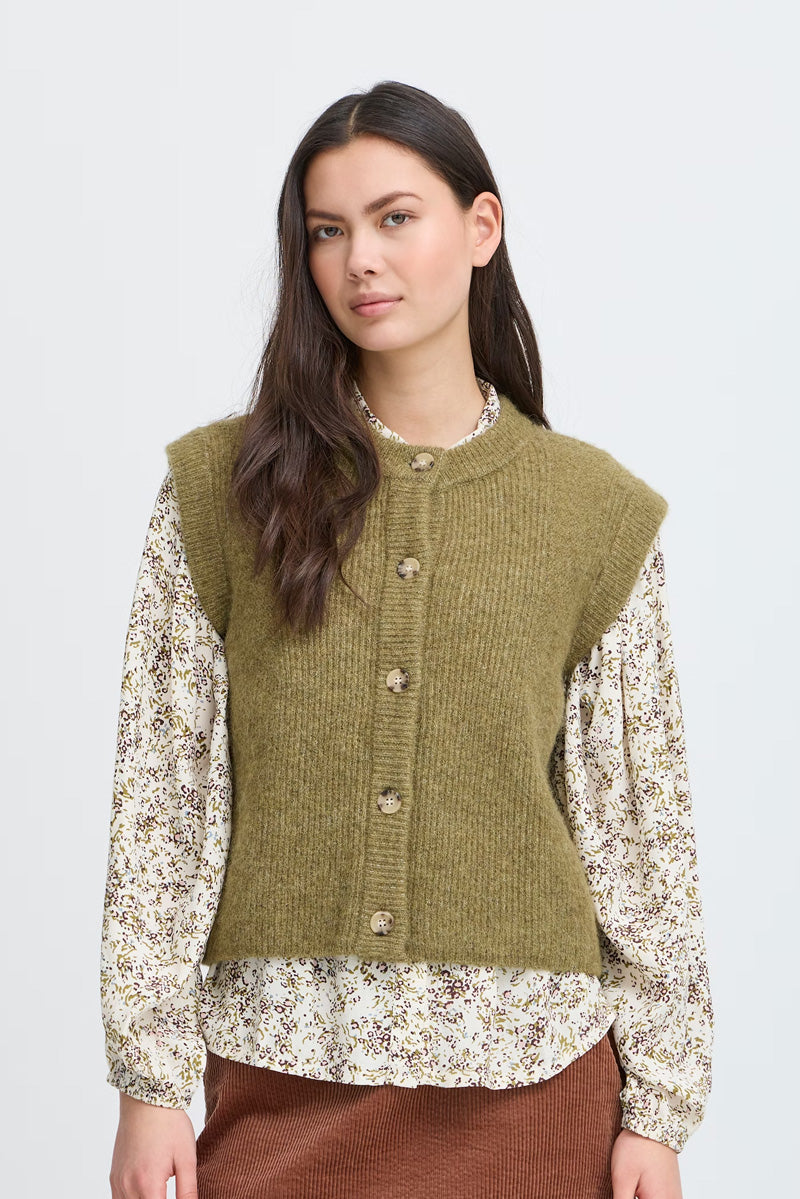 Atelier Rêve Silvi Olive Sleeveless Cardigan - The Mercantile London