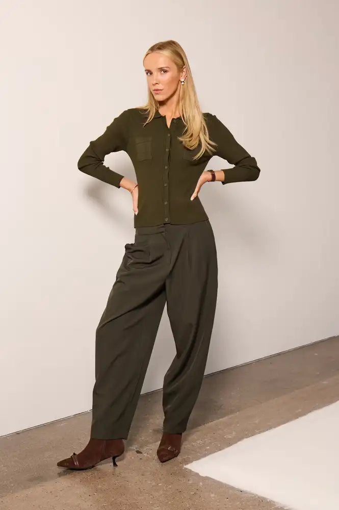 ICHI Fava Rosin Melange Barrel Trousers