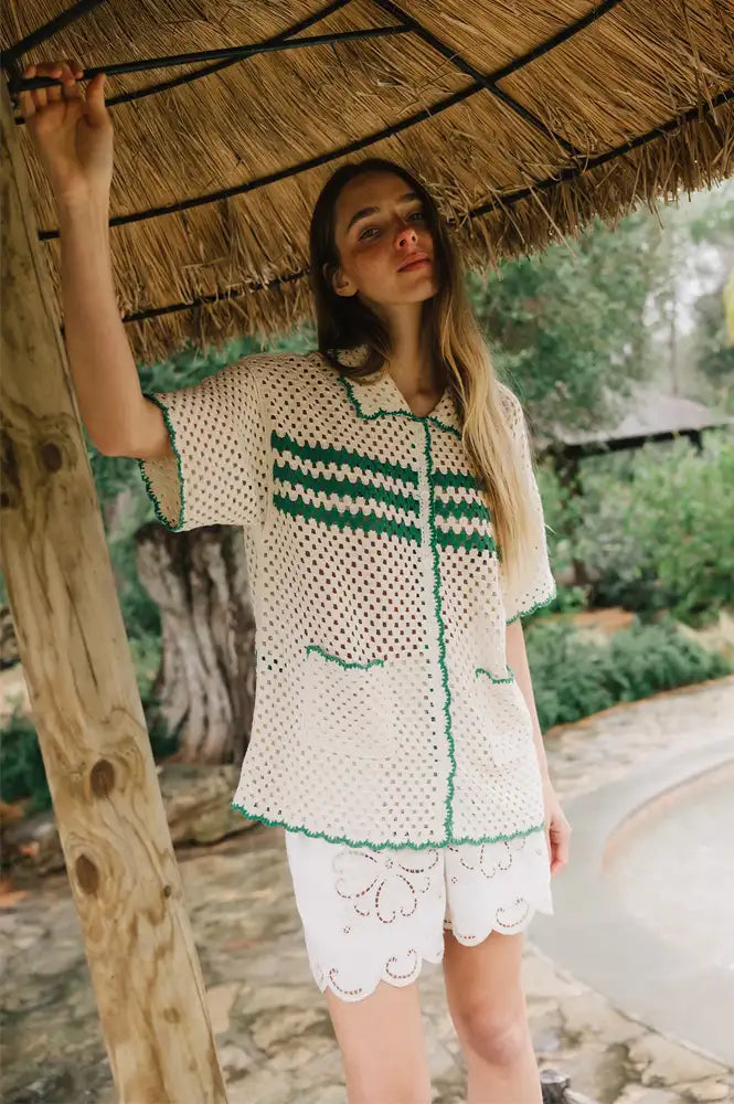 Indi & Cold Retro Green Crochet Shirt - The Mercantile London