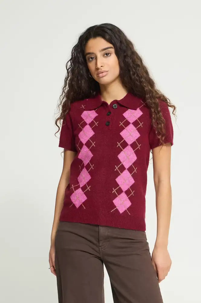 ICHI Dasila Berry Harlequin Polo Knitted Top