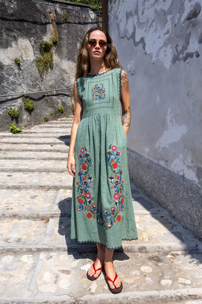 Indi & Cold Emerald Cross Stitch Embroidered Dress
