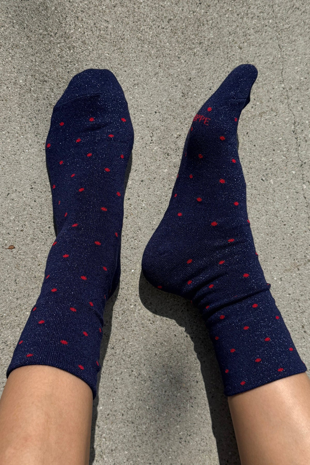 Le Bon Shoppe Lurex Patterned Ink Blue & Red Polka Dot Sneaker Socks